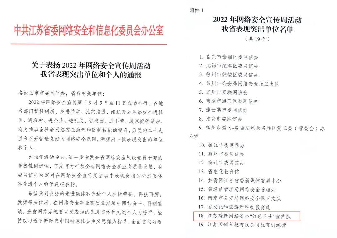 关于江苏瑞新网络安全“红色卫士”宣传队被江苏省委网信办评为2022年网络安全周活动表现突出单位的通报